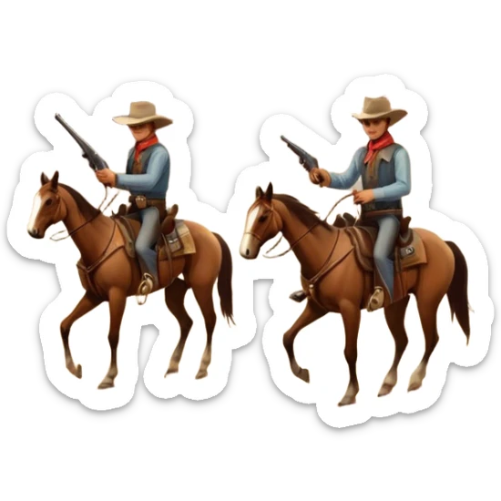 Icon for Western: A vintage movie poster-style design with cowboys on horseback, dusty desert landscape, and a setting sun. Include cowboy hats, revolvers, and an old saloon. The design should have bold typography and a retro cinematic feel. Transparent background. sticker