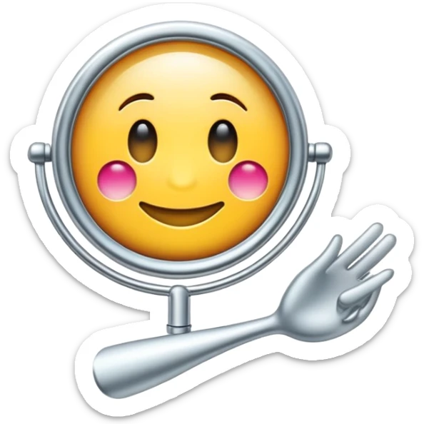 Espejo con emoji de guiño: Un espejo de mano estilizado con un emoji de guiño reflejado, simbolizando el cuidado personal y la confianza FONDO BLANCO sticker
