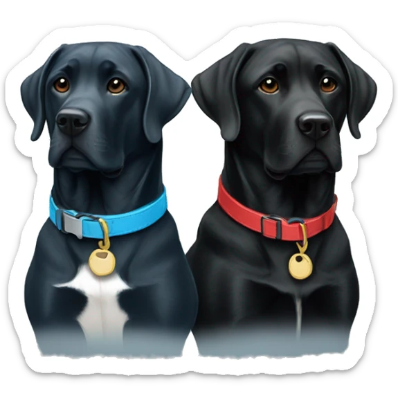 two dogs looking to the right. both black labradors, one with a red colour and the other with a light blue collar sticker