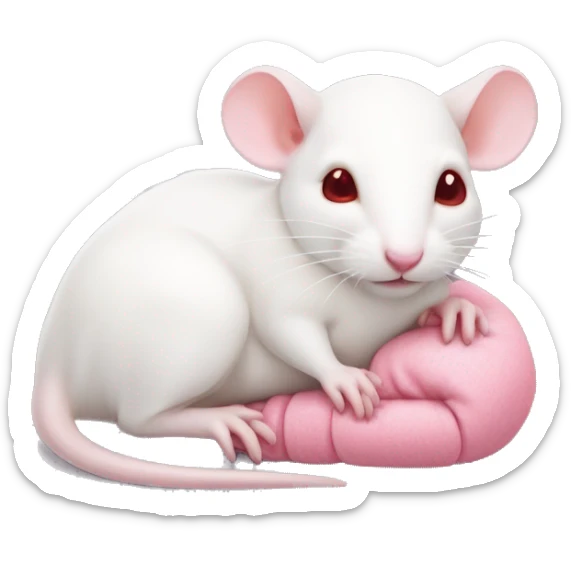 Realistic white rat with small ears, bright red small eyes and baby pink tail in wrapped around body and baby pink paws in sleeping position neutral face eyes open body is lying down curled up sticker