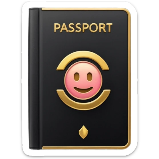 Minimal emoji icon of a black passport, matte cover, simple gold emblem, clean lighting sticker