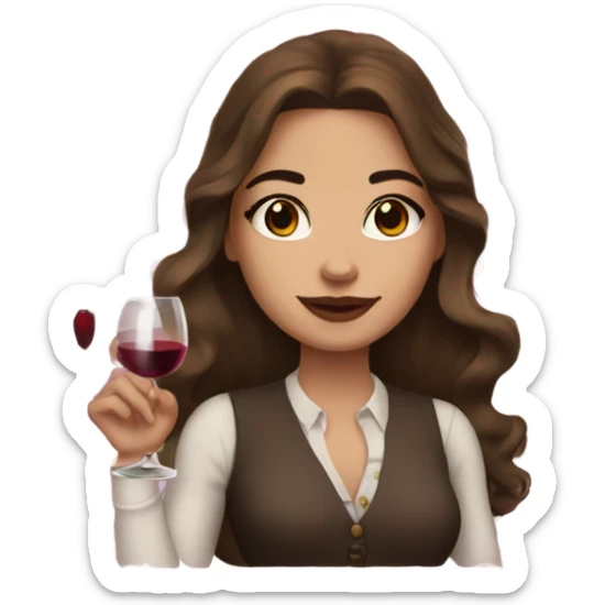 rich girl with white skin, long brown hair, dark eyes, with makeup, with wine sticker