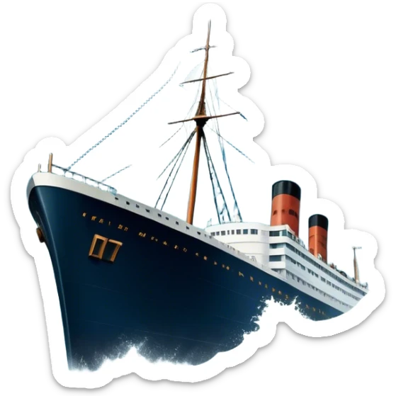 Icon for Titanic Movie: A vintage movie poster-style design featuring a dramatic scene of the ship, the iceberg, and a romantic silhouette of the main couple. Include elements like the ship’s bow, water splashes, and a starry sky in the background. Retro cinematic feel. Transparent background. sticker