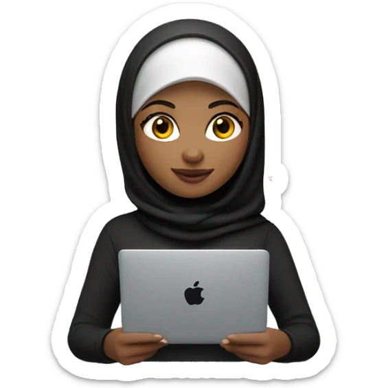 memoji of a female with a laptop in front, apple-style, modern, hijabi women, black sweater, computer in hand   --ar 1:1 sticker
