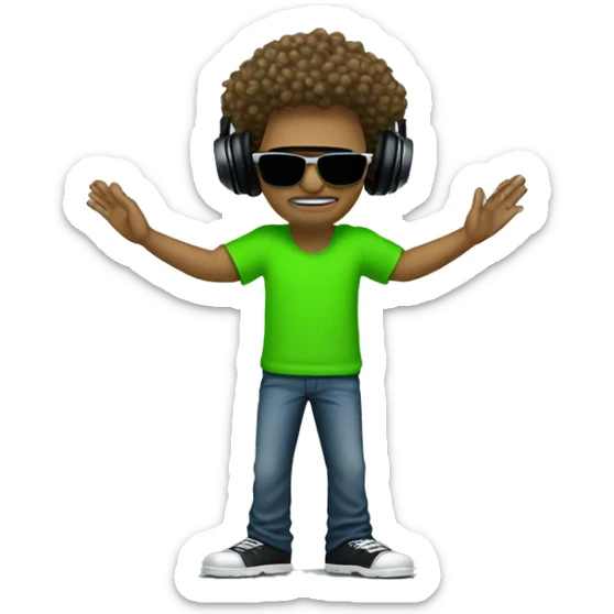 tall dj man with long frizzy hair, shades, headphones and an electric green shirt on that says “CHANTS” sticker