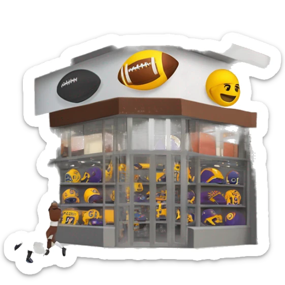 “Football store exterior with bold signage, large windows showcasing football gear, jerseys, and accessories, and a dynamic, athletic design reflecting the energy of the sport.” sticker