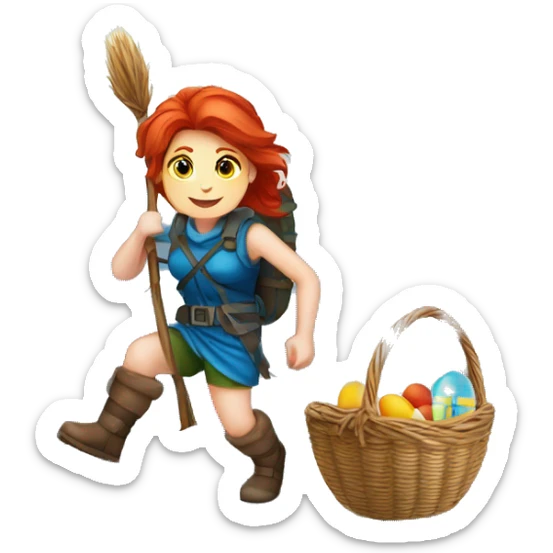 red hair female winter mountaineer climbing with Easter eggsbasket and Greek flag sticker