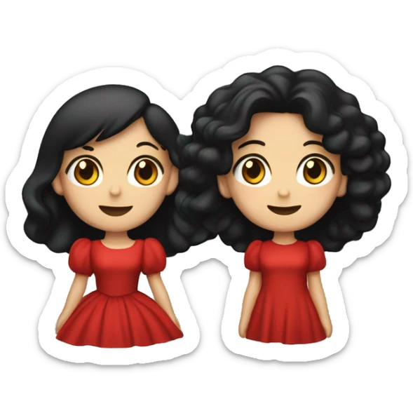 
One figure has long, flowing dark hair, wearing a bright red dress with puffed sleeves, radiating elegance.
The other figure has short, wavy dark hair, dressed in a sleek black shirt, adding a classic, formal vibe.
 sticker