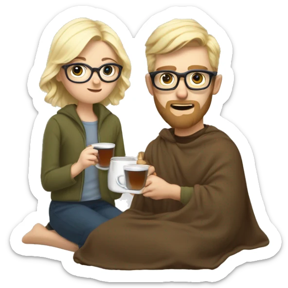 Pale blonde girl wearing glasses and short brown haired bearded man drinking tea under blanket sticker