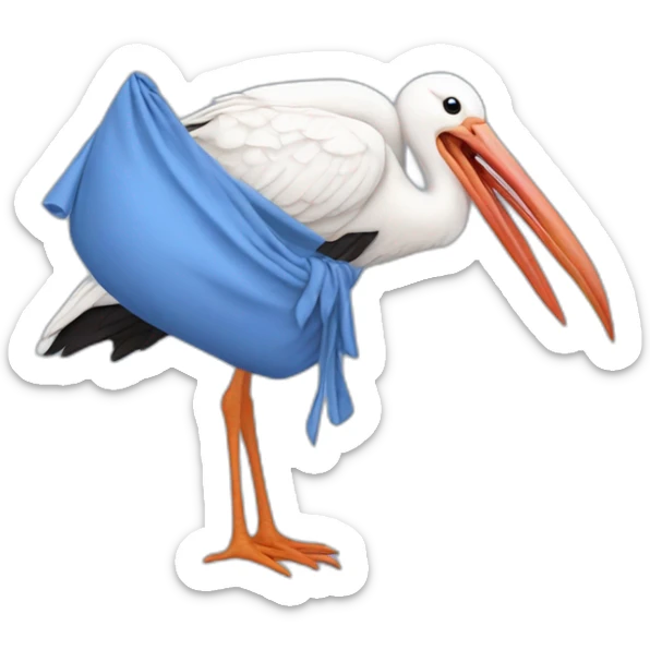 White stork carrying a blue bundle of cloth in its beak that has a human baby with dark hair and the baby face and head is peeking from the cloths bundle the strok is carrying with its beak sticker