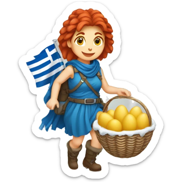 Greek red hair female winter mountaineer climbing with Easter eggsbasket and Greek flag sticker
