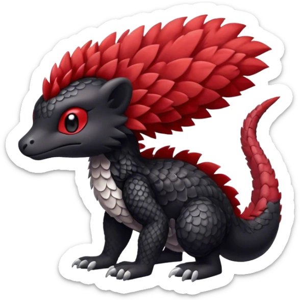 Cute cool black red animal hybrid Fakemon full body, detailed, fluffy, scaly, edgy sticker