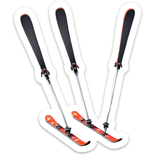 An icon featuring a pair of skis and ski poles in the foreground, set against a picturesque snow-covered slope. The background includes snowy peaks and evergreen trees, symbolizing the excitement and beauty of winter sports. Transparent background highlights the thrill of skiing and snowboarding. sticker