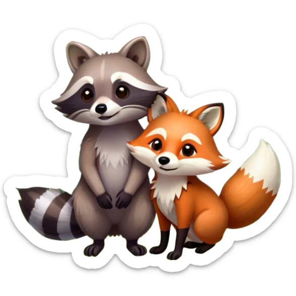 raccoon and a fox among a colorful forest with vibrant green trees, bushes and flowers. The animals are in the foreground, surrounded by a lush, bright forest, with soft sunlight filtering through the leaves. A playful and wild scene with a transparent background. sticker