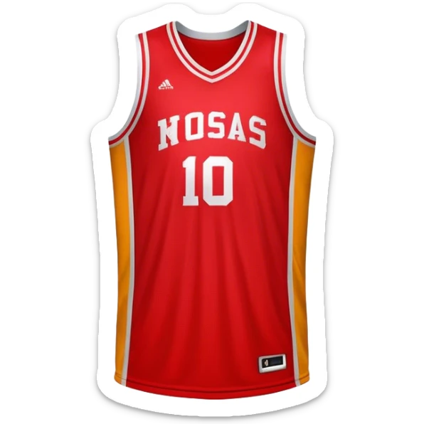 Cinematic Realistic image of a basketball jersey rendered in bold team colors with finely textured fabric and realistic creases, set against an energetic court backdrop with bright, dynamic lighting sticker