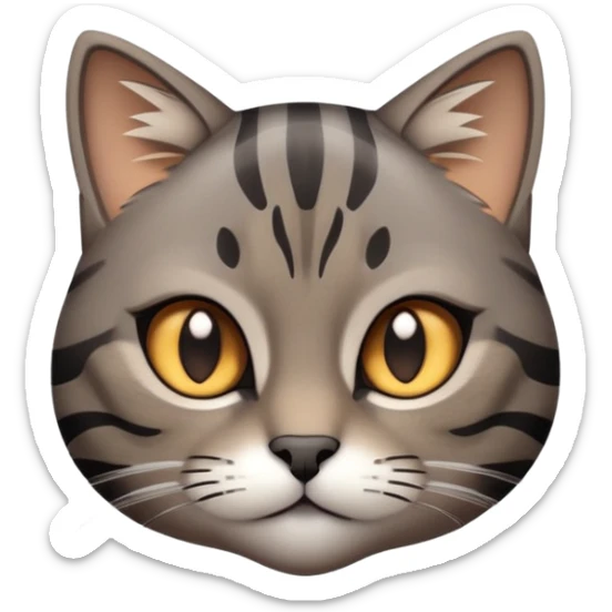 cinematic-cute-grey-and-black-brown-tabby-cat-portrait-emoji,-head-tilted-playfully-and-inquisitively,-sleek-grey-brown-fur-with-bold-black-tabby-stripes-and-a-distinctive-m-shaped-marking-on-the-forehead,-sparkling-amber-eyes,-simplified sticker