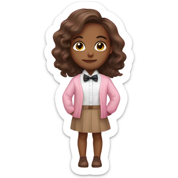 Brown skin girl with shoulder length hair wearing a bow tie and a cute pink sweater with a white dress shirt underneath  sticker