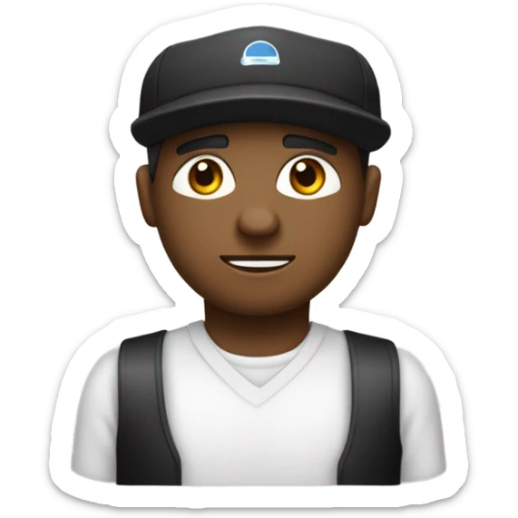 Un hombre de cabello negro, ojos negros con camisa blanca y gorra blanca. Está escribiendo un mensaje en su computadora portátil. sticker