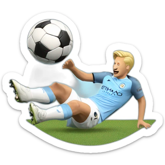 Haaland scoring a goal and the ball being the Manchester City logo sticker