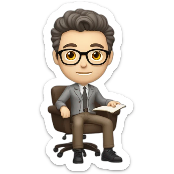 Pale skinned Fit Man With dark brown hair in gray jacket, beige office shirt, Brown pants and vintage glasses sitting In a soft chair with a notebook on spring with emblem Ψ and a pen sticker