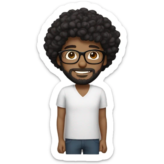 Black curly hair, short hair, brown skin, a full beard, and wearing glasses. sticker