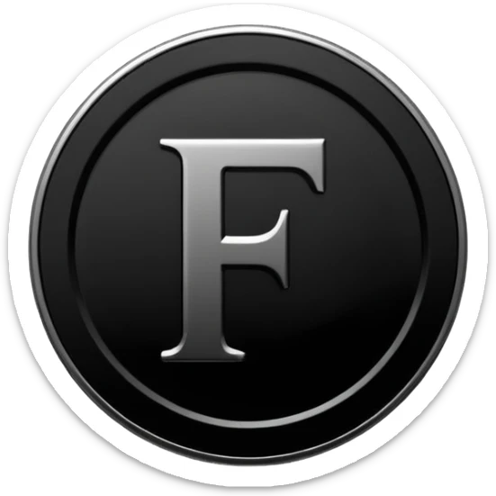 Emoji icon of a black coin with engraved letter F, minimalist style, isolated, only black color sticker