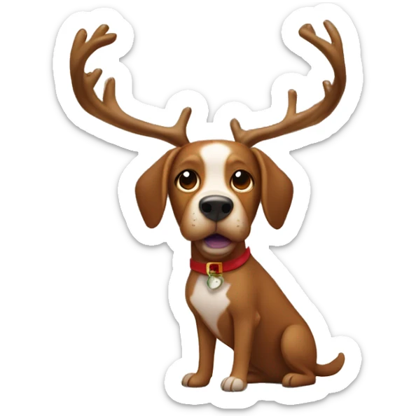 Brown dog carries antlers for Christmas and in the background is a Christmas tree sticker