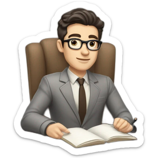 Pale skinned Fit Man With dark brown hair in gray jacket, beige office shirt and vintage glasses sitting In a soft chair with a notebook with emblem Ψ and a pen in his hands sticker