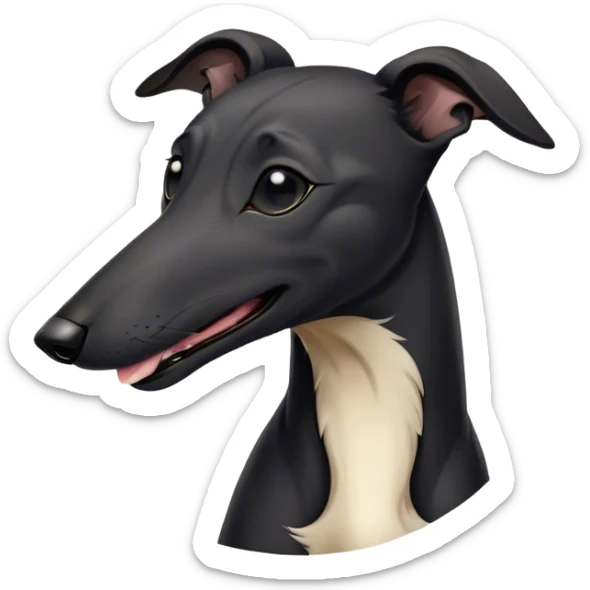 Cinematic Cute Yawning Black Greyhound Portrait Emoji, Head tilted slightly with a dramatic, wide-open yawn, showcasing a sleek black Fur with a polished finish, floppy ears slightly drooping, round dark eyes barely open in drowsy contentment, Simplified yet irresistibly adorable features, highly detailed, glowing with a soft, cozy glow, high shine, relaxed yet expressive, stylized with a touch of whimsy, bright and endearing, soft glowing outline, capturing the essence of a sleepy yet affectionate racer, so drowsy it feels like it could stretch out of the screen and curl up for a nap! sticker