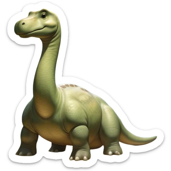 Beautiful and Majestic Brontosaurus Portrait Emoji, Head and body rendered in serene repose with a gentle, confident smile, showcasing its enormous, graceful neck and a massive, textured form with eyes softly closed in tranquil repose, Simplified yet exquisitely endearing features, highly detailed, glowing with a soft, drowsy ancient light, high shine, relaxed and utterly majestic, stylized with an air of timeless prehistoric splendor, soft glowing outline, capturing the essence of a beautiful and majestic Brontosaurus that embodies the serene power of the ancient world! sticker