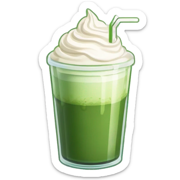 a plastic glass of matcha latte with whipped cream and green tea on top
 sticker