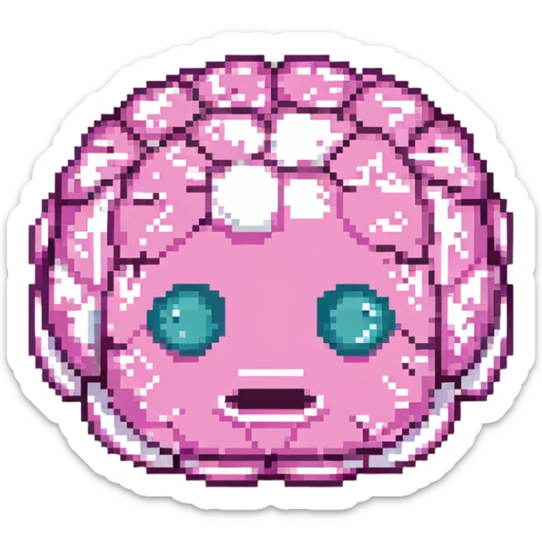 16-bit pixel art of a pink brain-shaped blob with sad droopy eyes and downturned mouth, smooth rounded brain texture, simple retro gaming style sticker