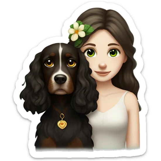 pale skin girl with green eyes with long dark brown hair that has a flower in her hair  snuggling a black and brown cavalier dog the dog also has a flower in its hair sticker