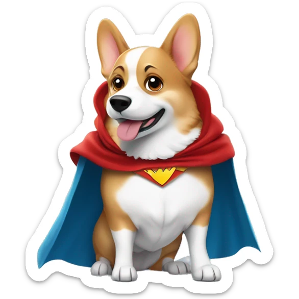 Brave Welsh corgi in a superhero cape, proudly raising one paw, looking heroic and ready to save the day in a cute cartoon style! sticker