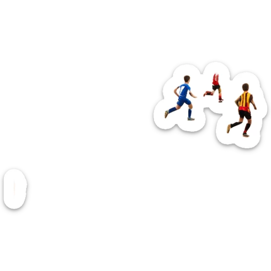 A mini-football match in an indoor sports hall with wooden flooring and clear field markings. The scene shows a vibrant game in action, with players positioned on the court, the goalposts visible, and the atmosphere filled with energy and focus. sticker