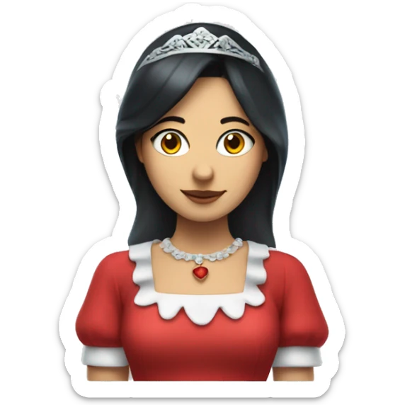 Lady with dark hair, blue maid veil, red dress, halo and money with wings underneath her chest sticker