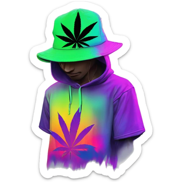 Hemp leaves Multicoloured neon person smoking wearing hoodie dancing hip hop bucket hat tropical Skater fashion aesthetic baggy clothes graphic t shirt 420 sticker