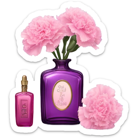 Aesthetic still life of delicate pink carnations beside a vintage purple perfume bottle. sticker