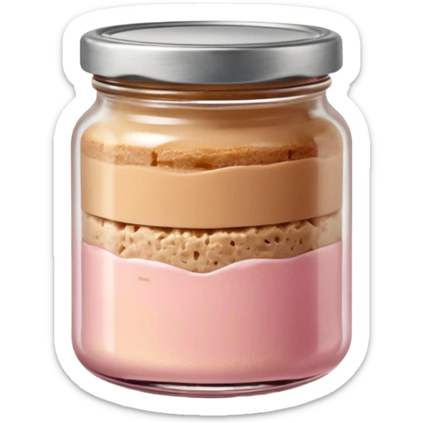 small glass jar filled with coarse beige to light pink pâté, smooth slightly uneven surface, metal lid, visible layers of texture through transparent glass, fine fat cap on top, no label, no garnish, no bread, sealed jar, soft lighting, subtle shadows, emoji scale sticker