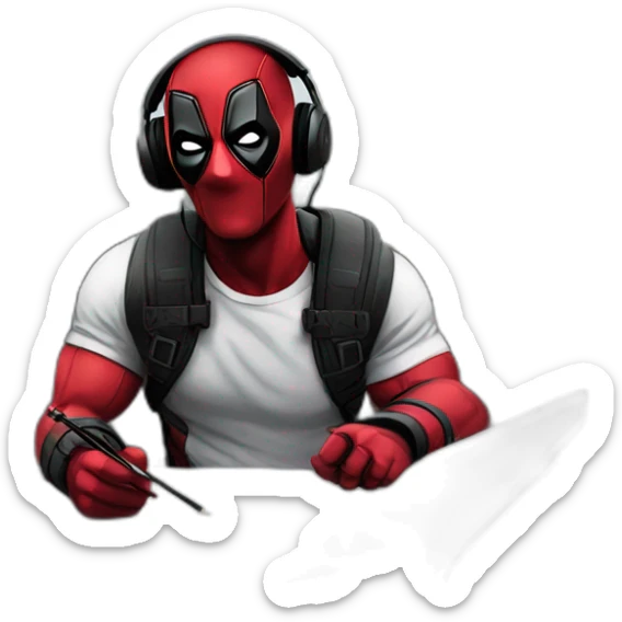 Deadpool-listening to music with headphones- on a bridge and he is drawing sticker