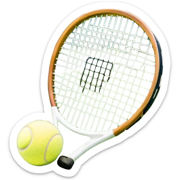 A tennis racket resting on the green grass of a tennis court, with a tennis ball placed nearby and the net stretching across the court. The background captures the fresh, open atmosphere of a traditional grass court, emphasizing the elegance and precision of the sport. sticker