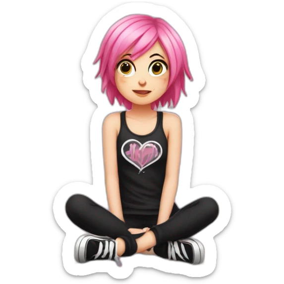 full body Front view curvy emo girl pink hair sits on the floor straight view hands up черная юбка белые трусики рваные полосатые чулки sticker