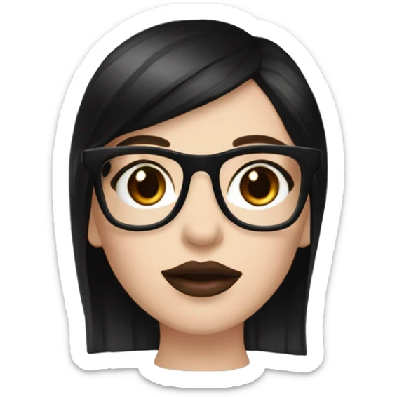 A hot white-skinned girl with straight black hair and natural long black rectangular glasses with black t shirt pink lips with brown lip liner and red cheeks  sticker