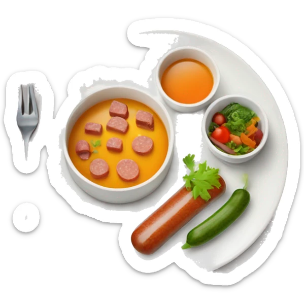 appetite lunch with soup, sausage and vegatables in the plates. Juice in glass. sticker