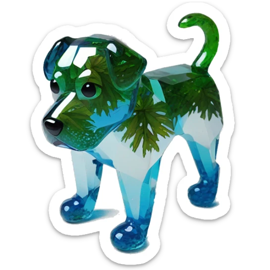 A dog made of glass mirror crystals prisms glass transparent filled with plants as a terrarium with graffiti doodles sticker