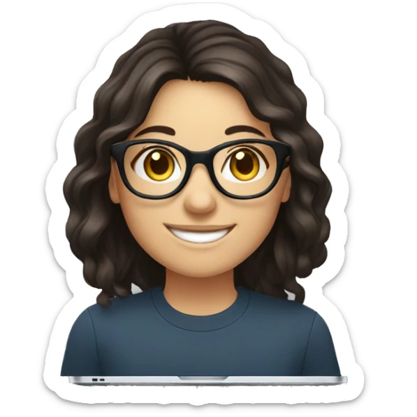 Dark hair, white girl with optical glasses and laptop smiling wide sticker