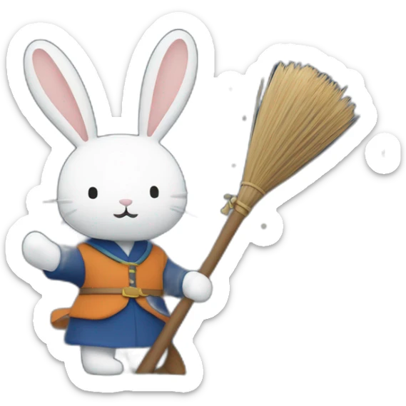the rabbit, miffy, riding a broomstick with the night sky and stars in the background sticker