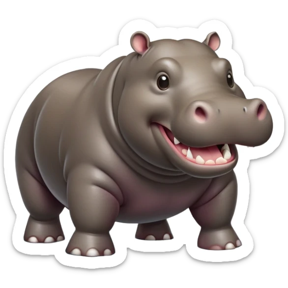 cinematic-hippo-realistic-full-body side view-standing on all fours-emoji,-massive-round-frame,-wide-mouthed-grin-exposing-huge-teeth,-head-tilted-dramatically,-thick-greyish-brown-hide-glossy-from-water,-simplified-yet-realistic-focused-features,-highly-detailed,-glowing-with-an-almost-sarcastic-glow sticker