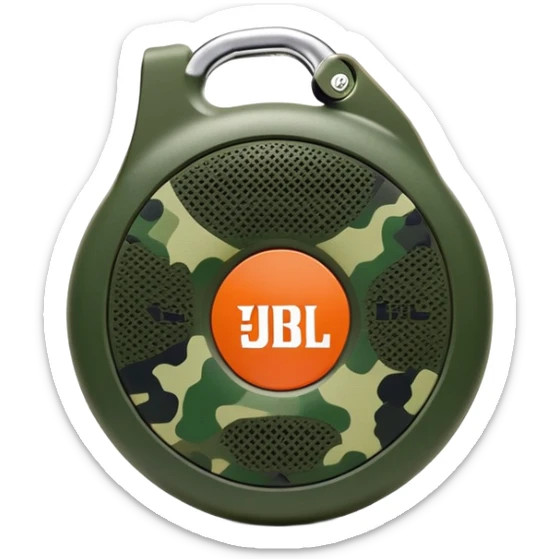 Simple JBL Clip 4 speaker with round body, built-in carabiner, green camo pattern, and JBL logo on front, iOS emoji style sticker