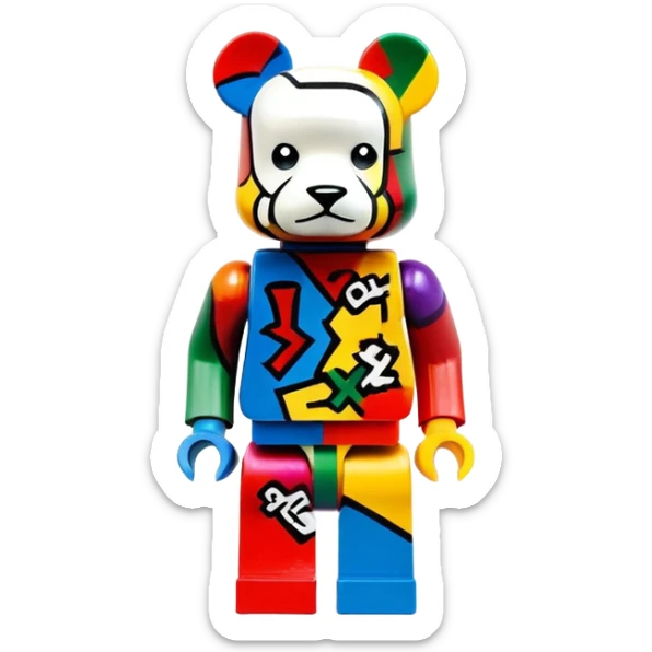 Lego bearbrick covered in colorful graffiti art, X symbols for eyes, blocky Lego aesthetic, spray paint style sticker